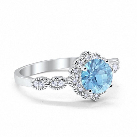 Floral Art Round Simulated Aquamarine CZ Engagement Ring