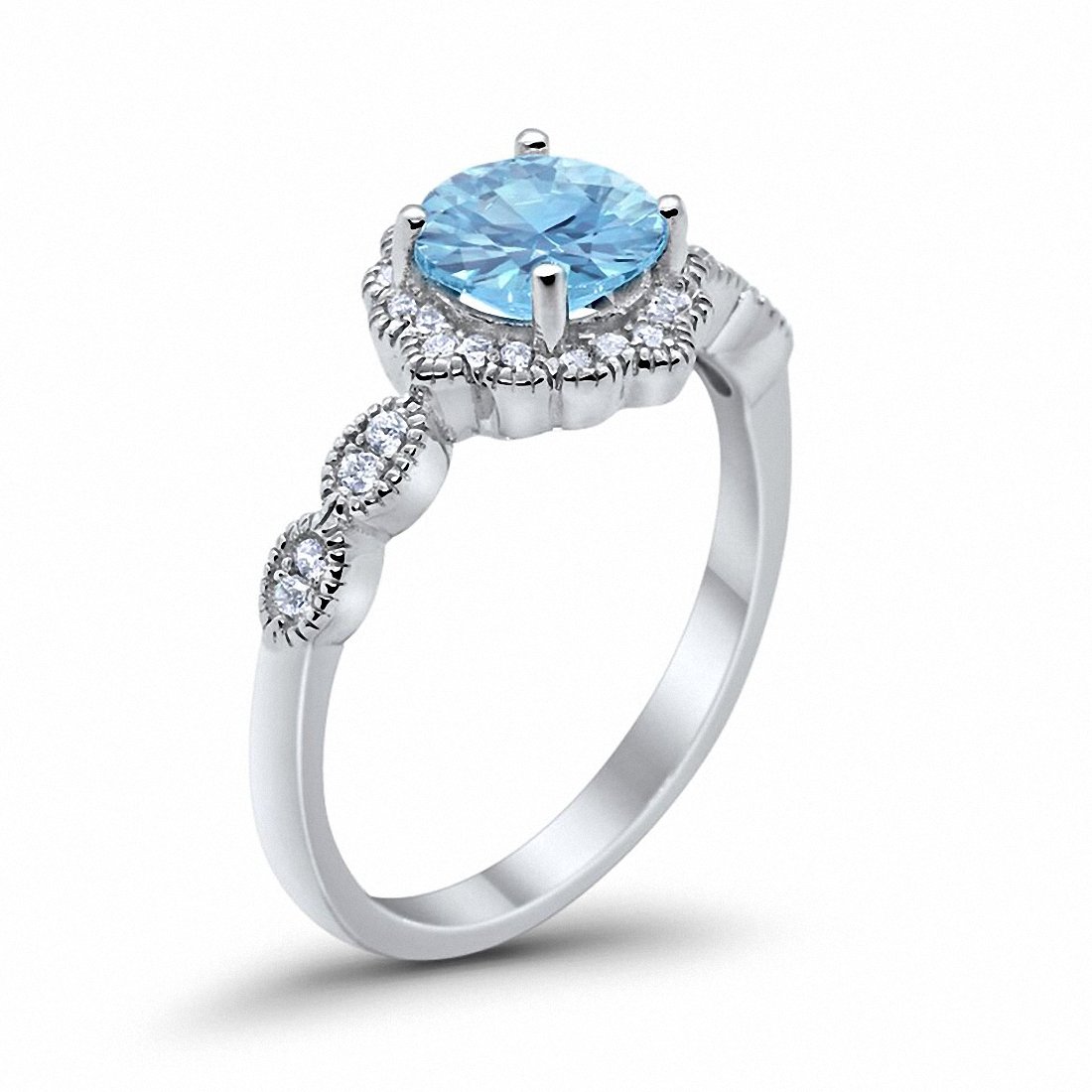 Floral Art Round Simulated Aquamarine CZ Engagement Ring