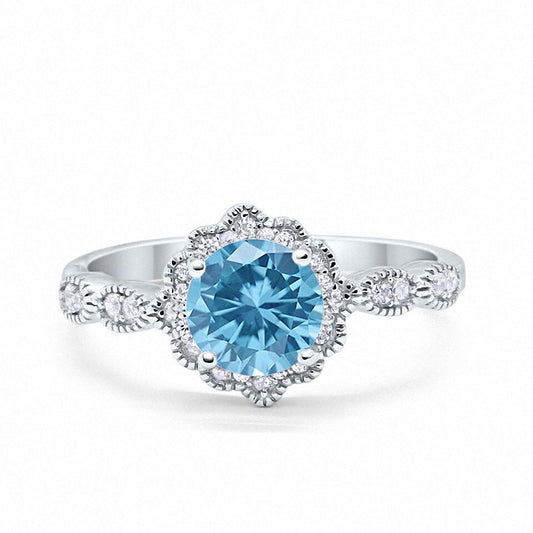 Floral Art Round Simulated Aquamarine CZ Engagement Ring