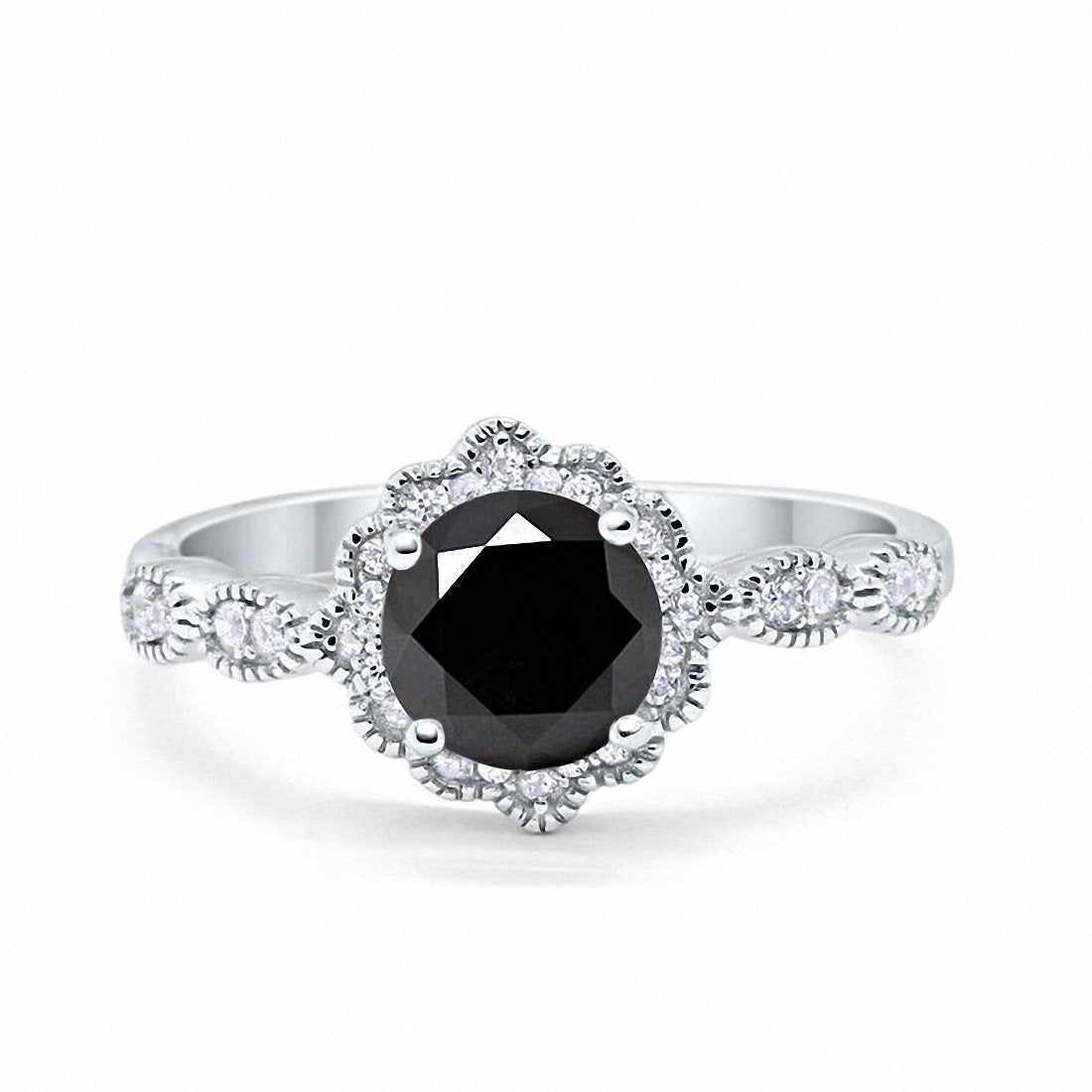 Floral Art Simulated Black Cubic Zirconia Wedding Ring