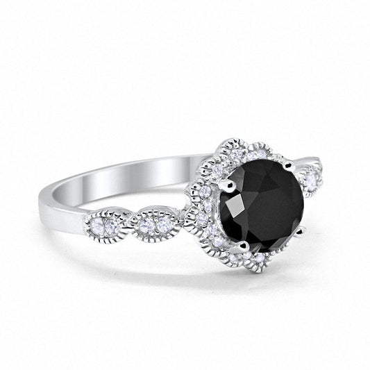 Floral Art Simulated Black Cubic Zirconia Wedding Ring