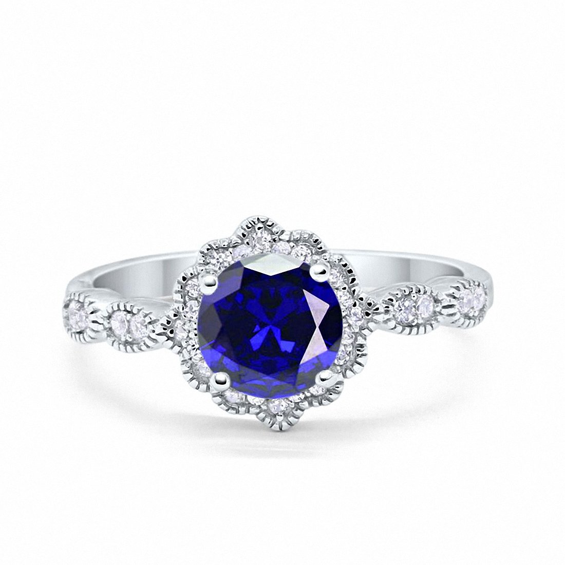 Halo Floral Art Deco Wedding Ring Simulated Blue Sapphire CZ