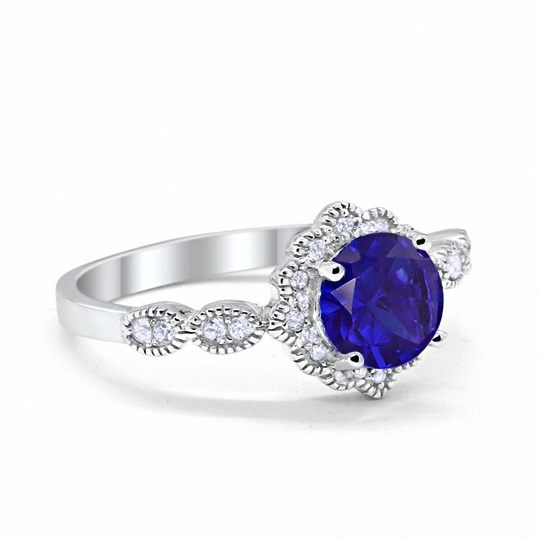 Halo Floral Art Deco Wedding Ring Simulated Blue Sapphire CZ