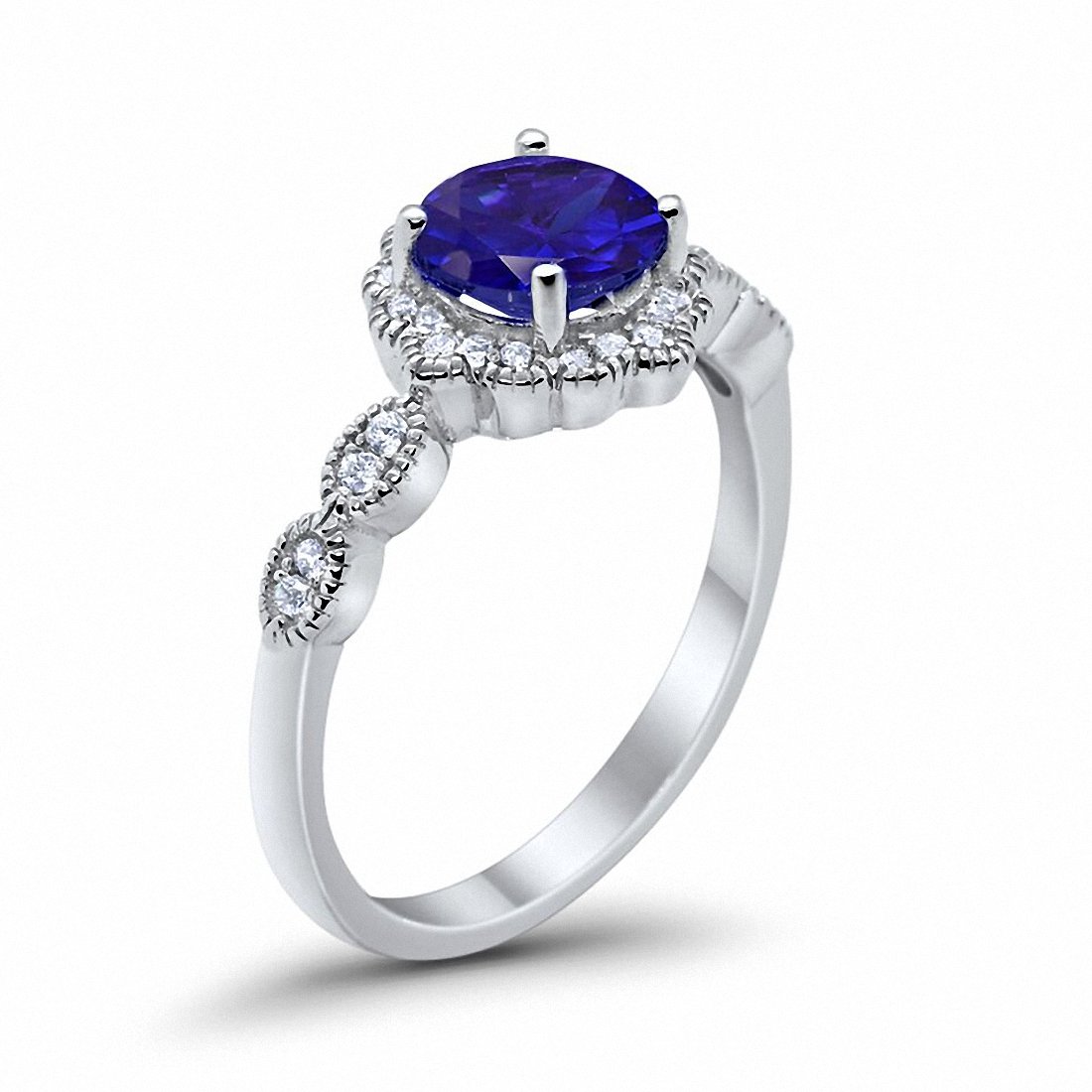 Halo Floral Art Deco Wedding Ring Simulated Blue Sapphire CZ