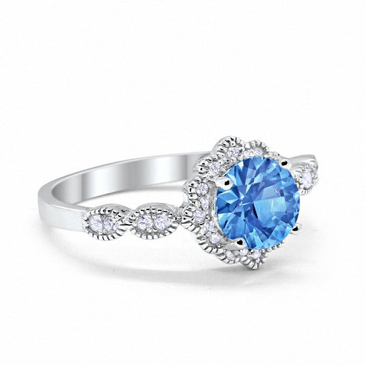 Floral Art Deco Simulated Blue Topaz CZ Wedding Ring