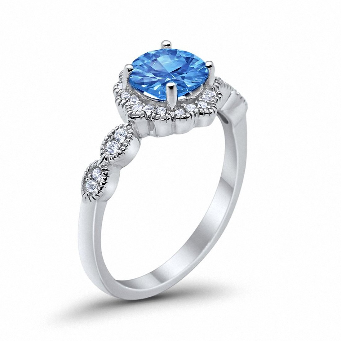 Floral Art Deco Simulated Blue Topaz CZ Wedding Ring