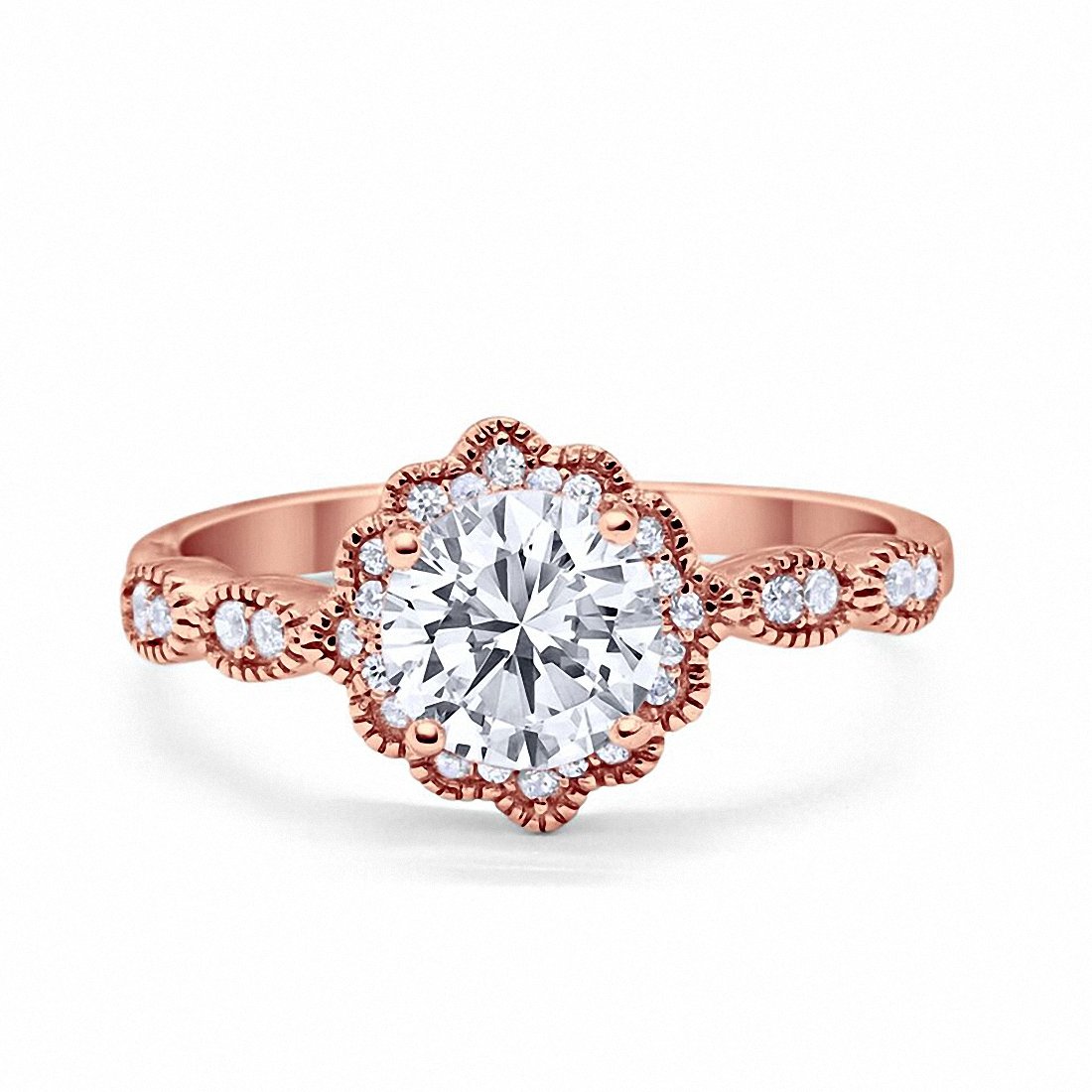 Floral Art Engagement Ring Round Rose Tone, Simulated CZ