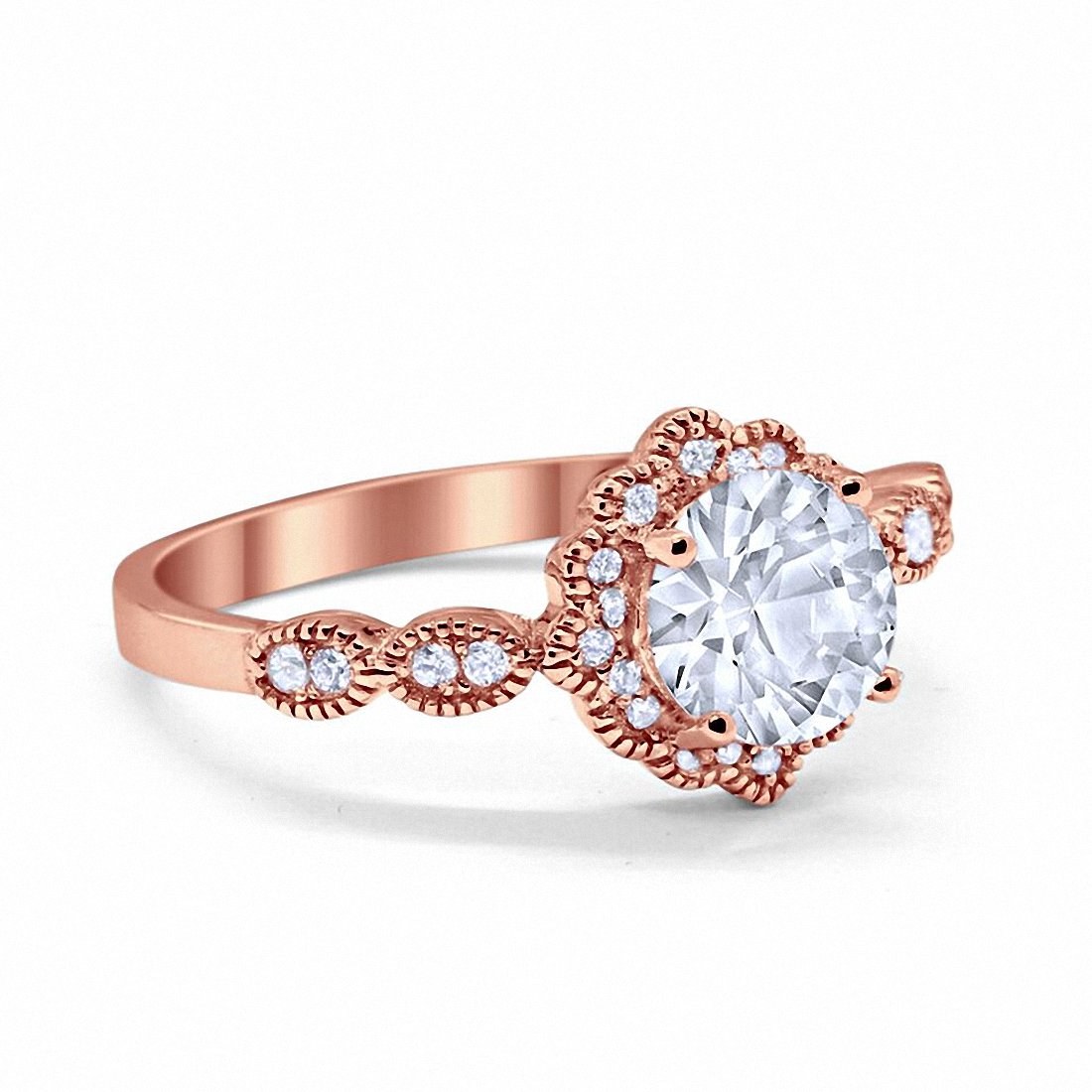 Floral Art Engagement Ring Round Rose Tone, Simulated CZ