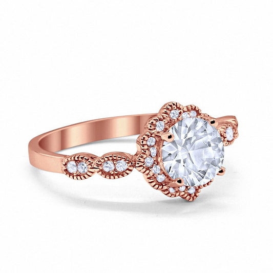 Floral Art Engagement Ring Round Rose Tone, Simulated CZ