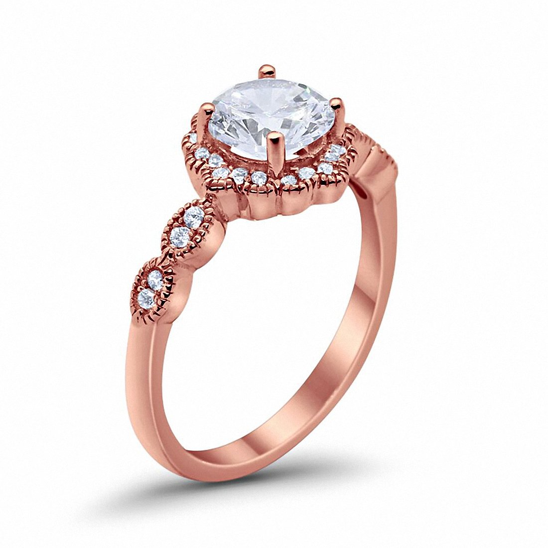 Floral Art Engagement Ring Round Rose Tone, Simulated CZ