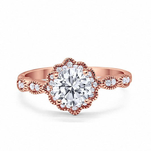 Floral Art Engagement Ring Round Rose Tone, Simulated CZ