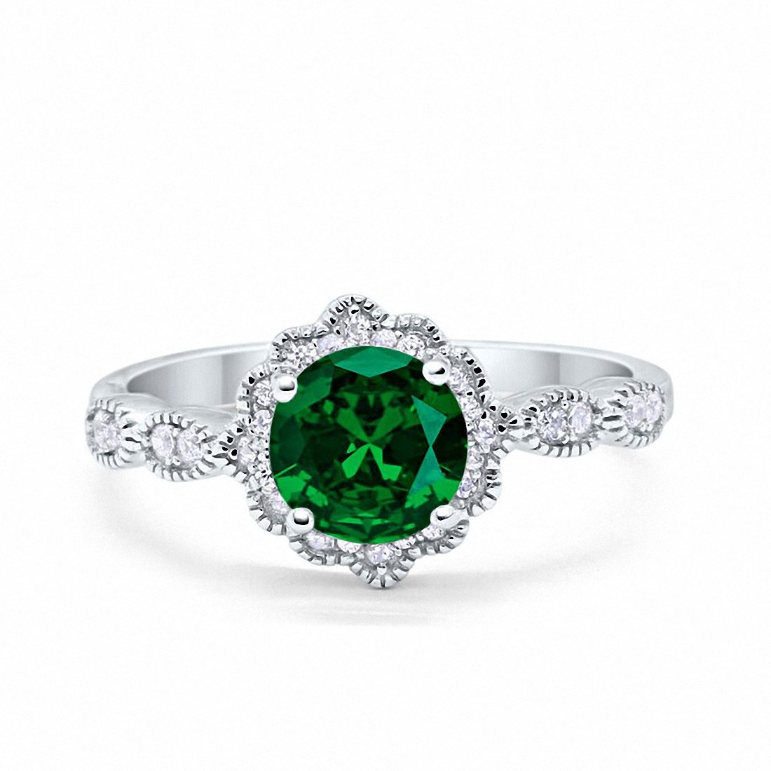 Floral Art Simulated Green Emerald CZ Engagement Ring