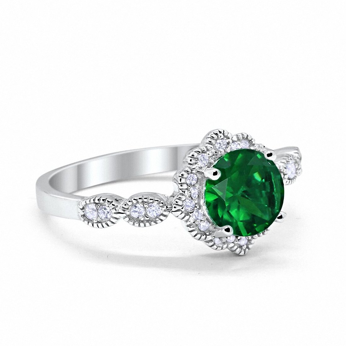 Floral Art Simulated Green Emerald CZ Engagement Ring