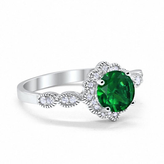 Floral Art Engagement Ring Simulated Green Emerald CZ