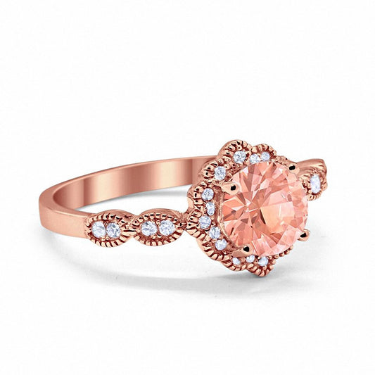 Floral Art Engagement Ring Round Rose Tone, Simulated Morganite CZ