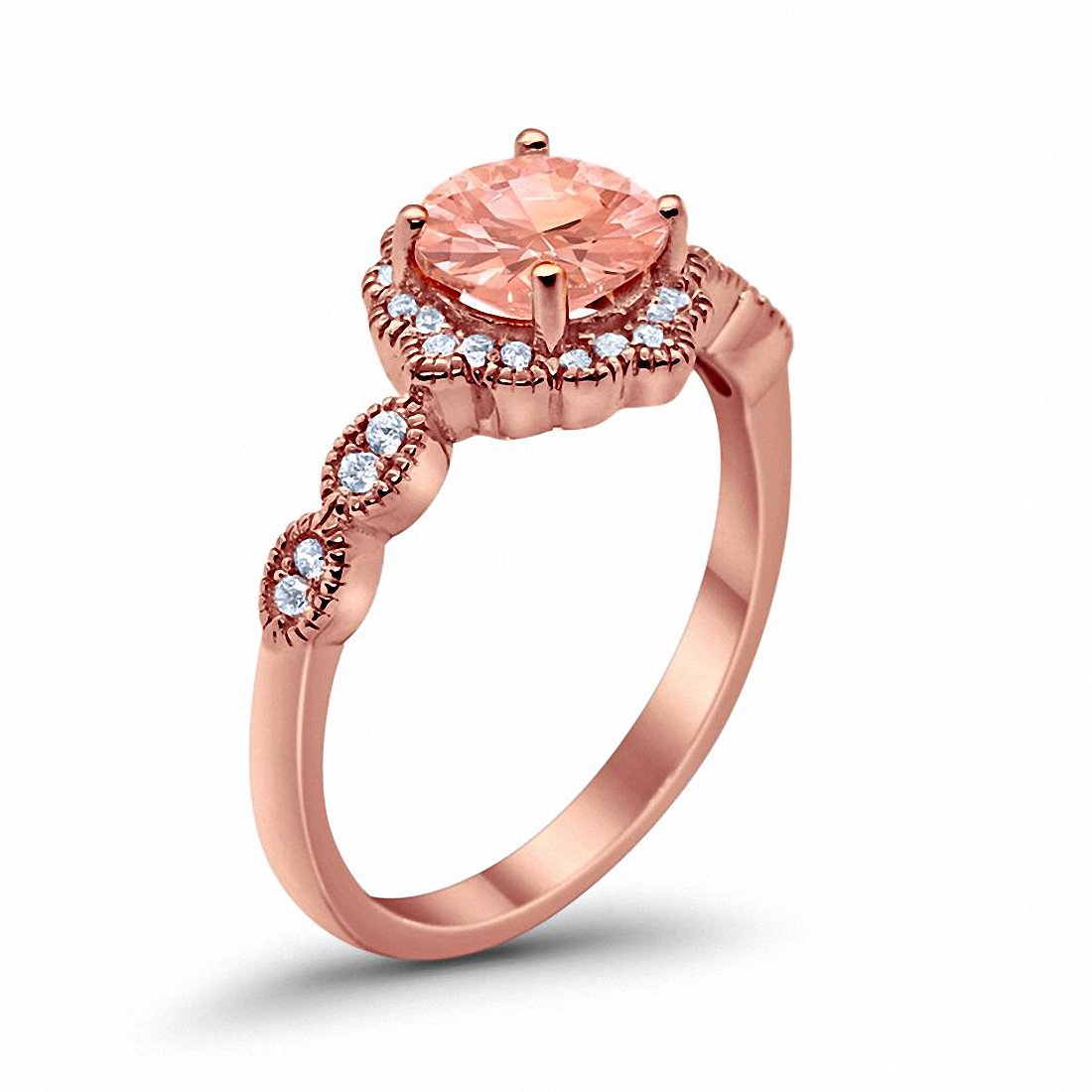 Floral Art Engagement Ring Round Rose Tone, Simulated Morganite CZ