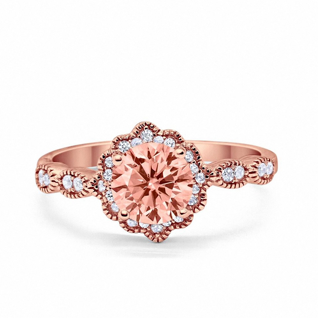 Floral Art Engagement Ring Round Rose Tone, Simulated Morganite CZ