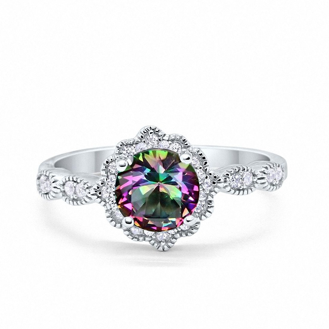 Floral Art  Simulated Rainbow CZ Engagement Ring