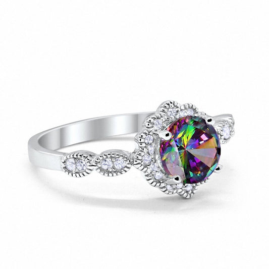 Floral Art  Simulated Rainbow CZ Engagement Ring