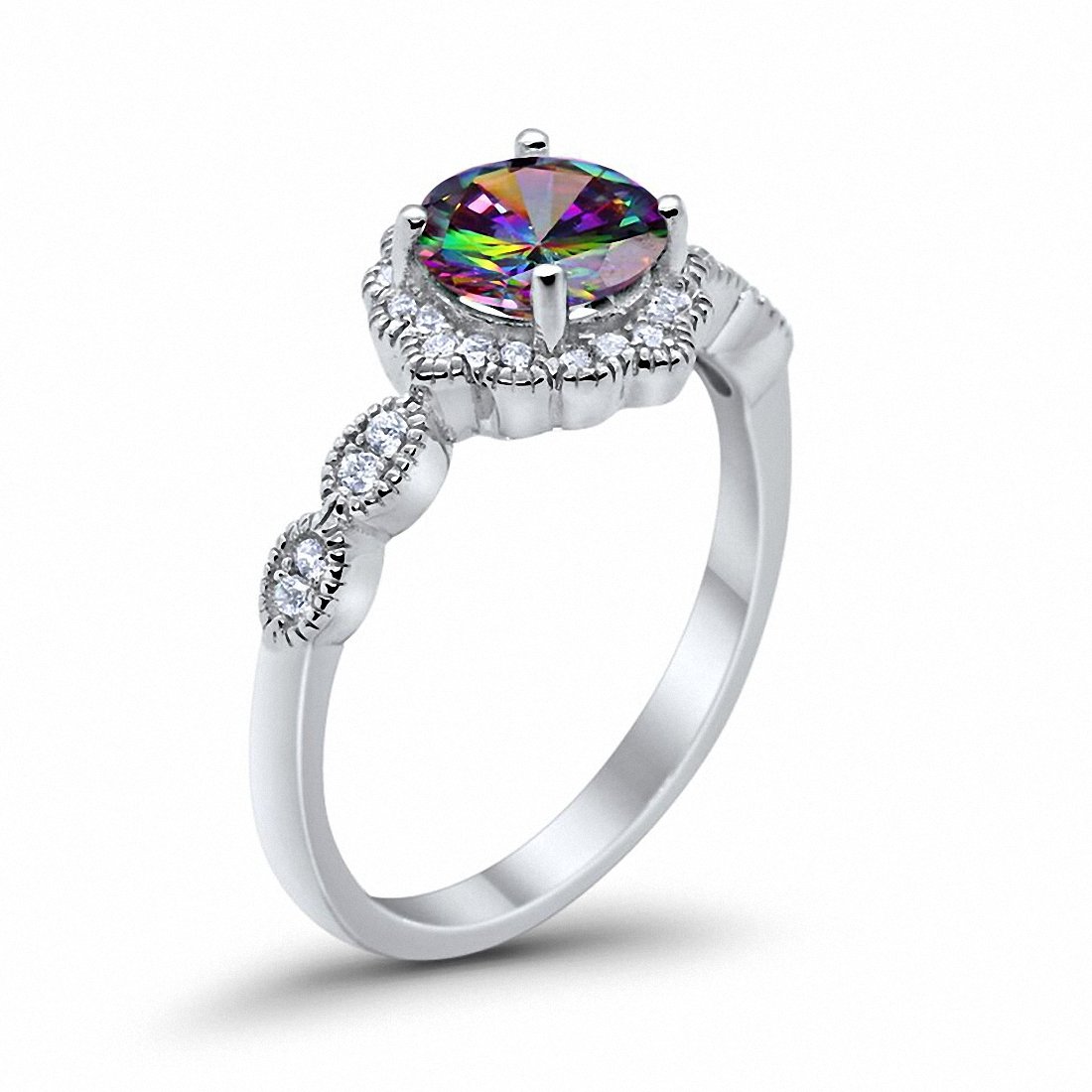 Floral Art  Simulated Rainbow CZ Engagement Ring