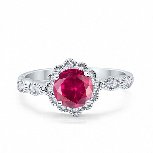 Floral Art Simulated Ruby CZ Engagement Ring