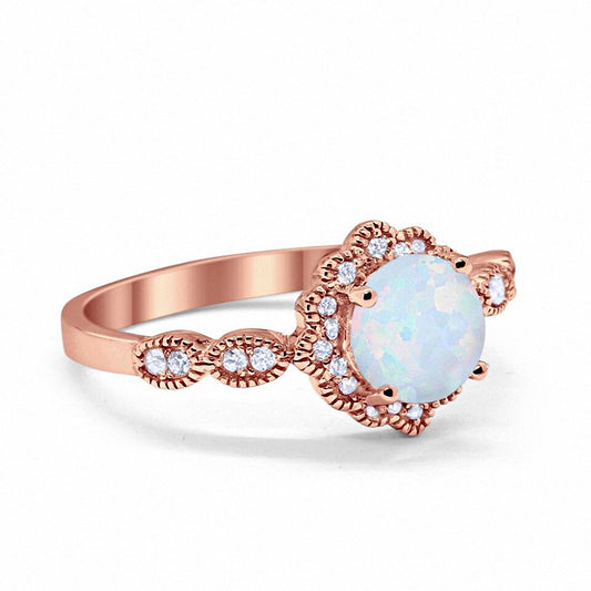 Floral Art Engagement Ring Rose Tone, Lab Created White Opal