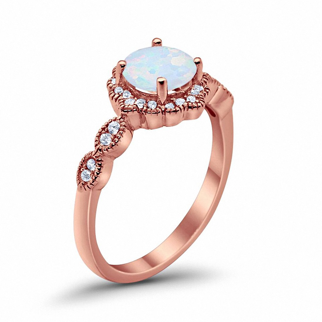 Floral Art Engagement Ring Rose Tone, Lab Created White Opal