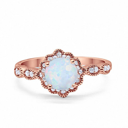 Floral Art Engagement Ring Rose Tone, Lab Created White Opal