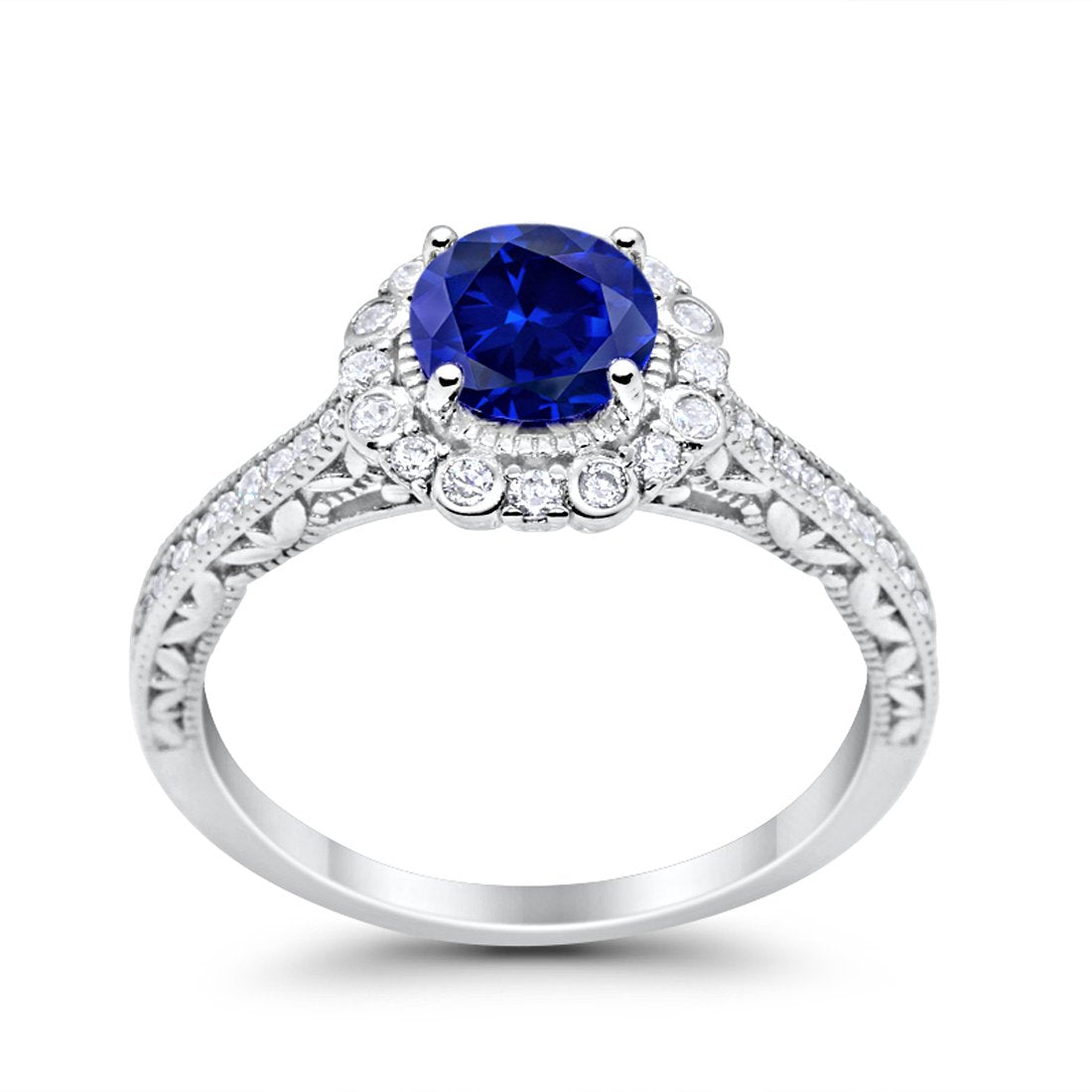 Filigree Engagement Bridal Ring Simulated Blue Sapphire CZ