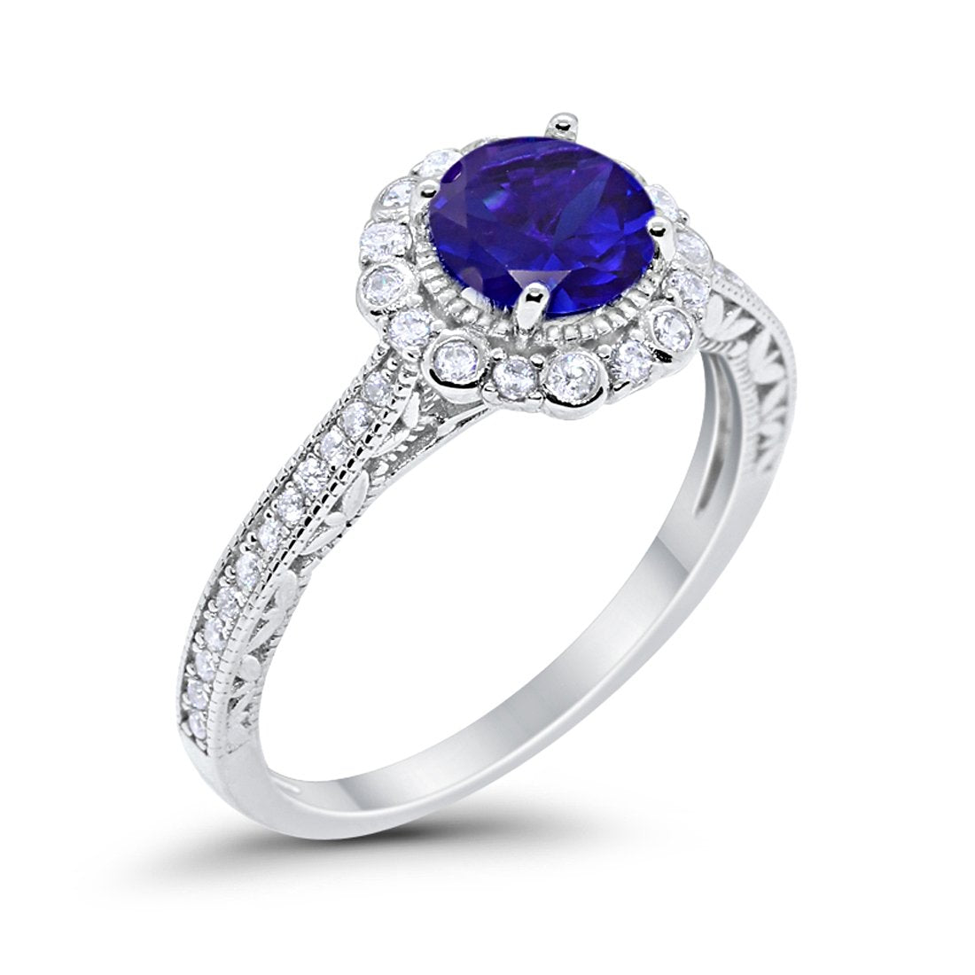 Filigree Engagement Bridal Ring Simulated Blue Sapphire CZ