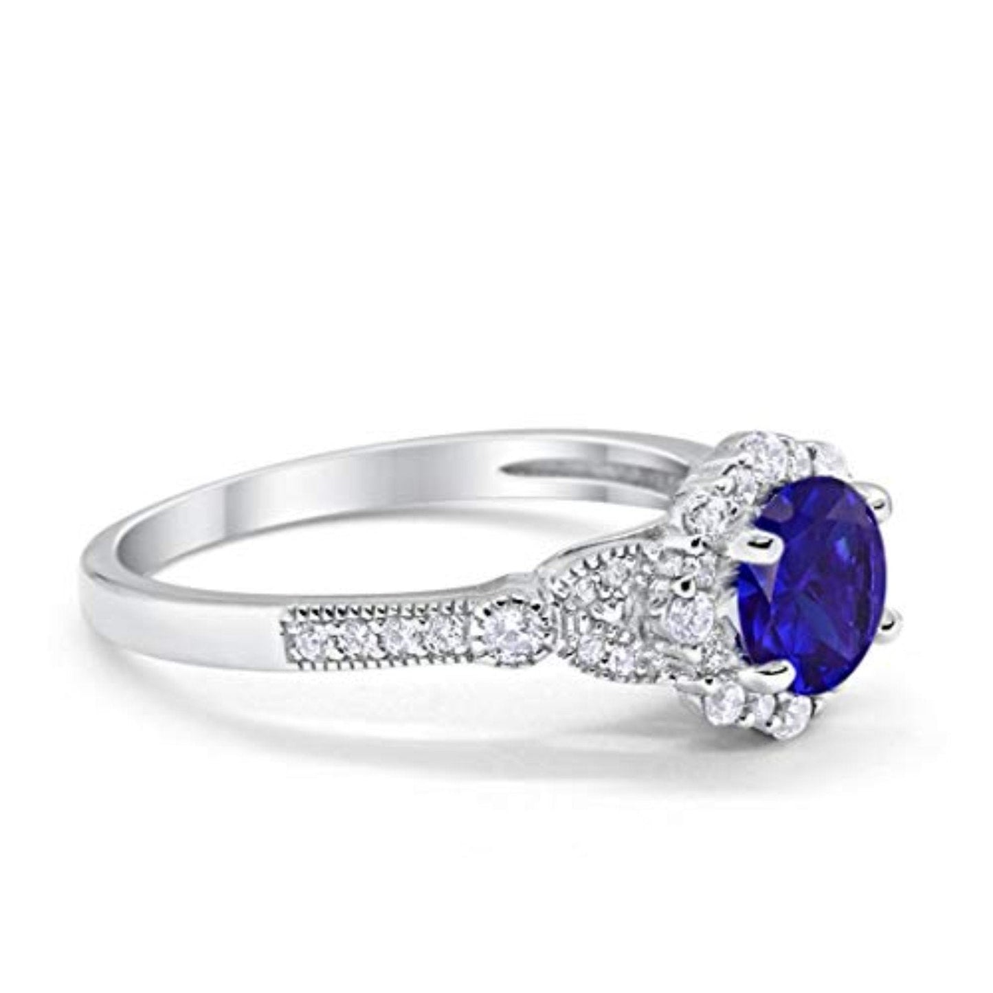 Floral Art Deco Engagement Ring Simulated Blue Sapphire CZ