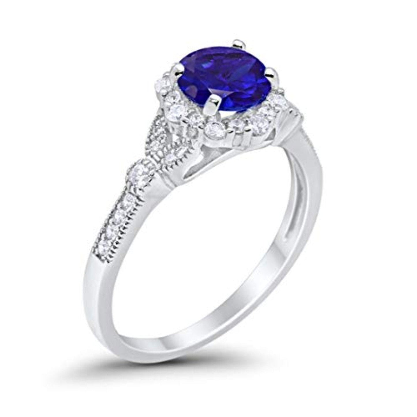 Floral Art Deco Engagement Ring Simulated Blue Sapphire CZ