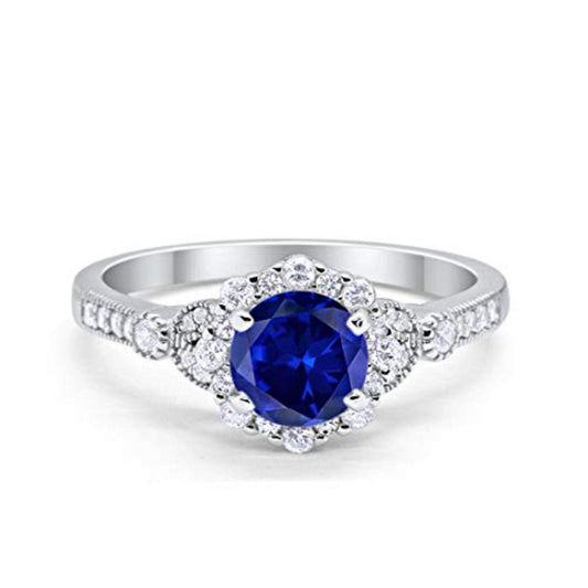 Floral Art Deco Engagement Ring Simulated Blue Sapphire CZ