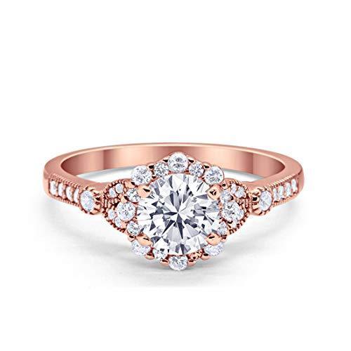 Floral Art Deco Engagement Ring Rose Tone, Simulated Cubic Zirconia