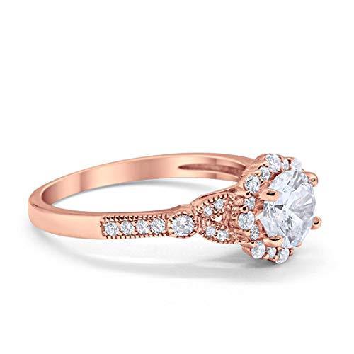 Floral Art Deco Engagement Ring Rose Tone, Simulated Cubic Zirconia