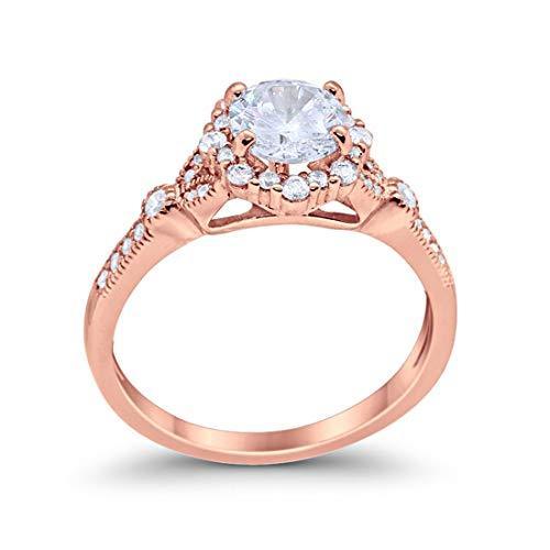 Floral Art Deco Engagement Ring Rose Tone, Simulated Cubic Zirconia