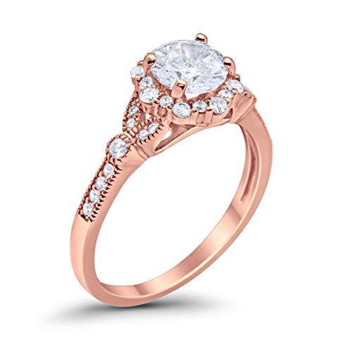 Floral Art Deco Engagement Ring Rose Tone, Simulated Cubic Zirconia