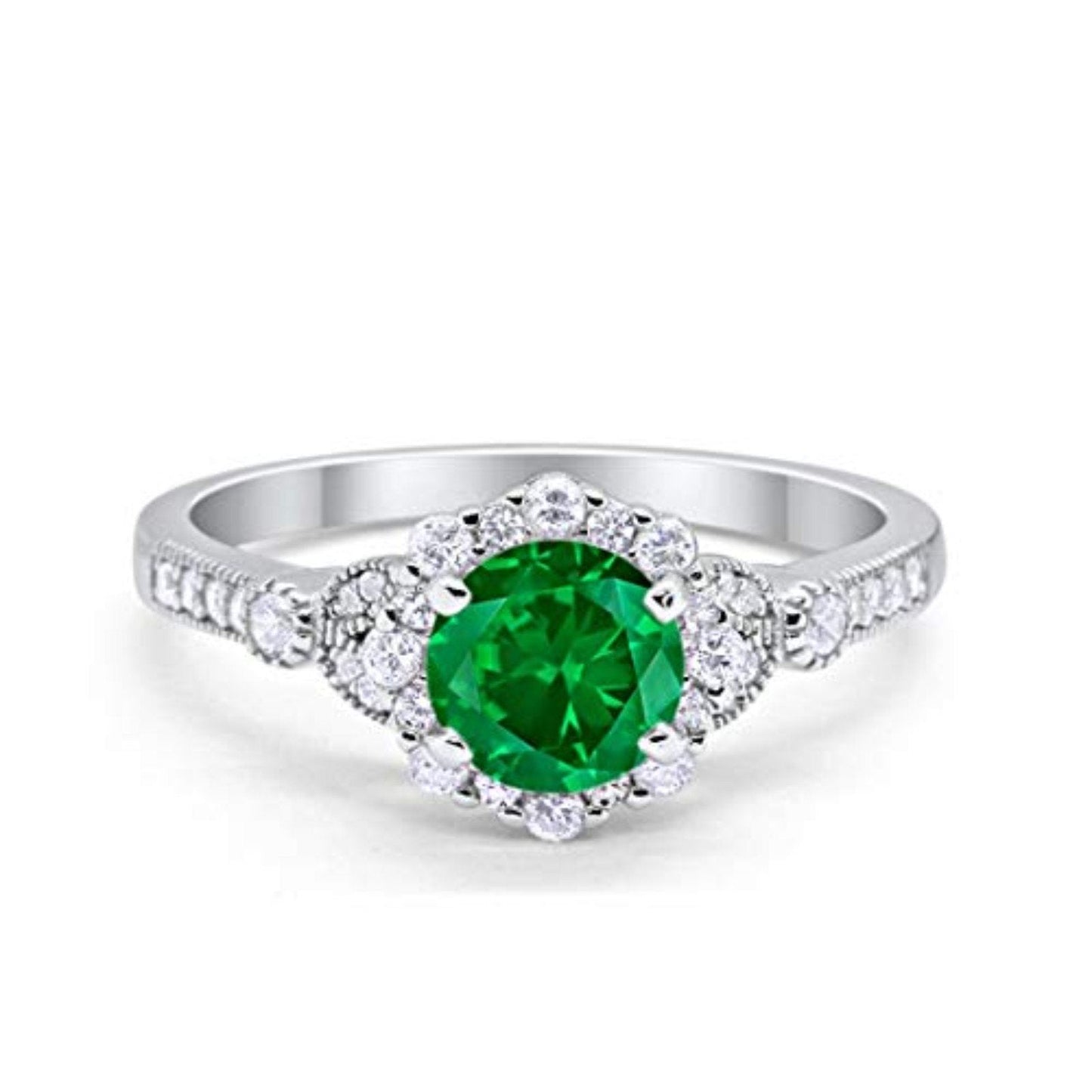 Floral Art Deco Engagement Ring Simulated Green Emerald CZ