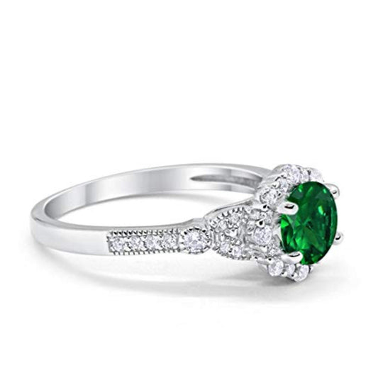 Floral Art Deco Engagement Ring Simulated Green Emerald CZ