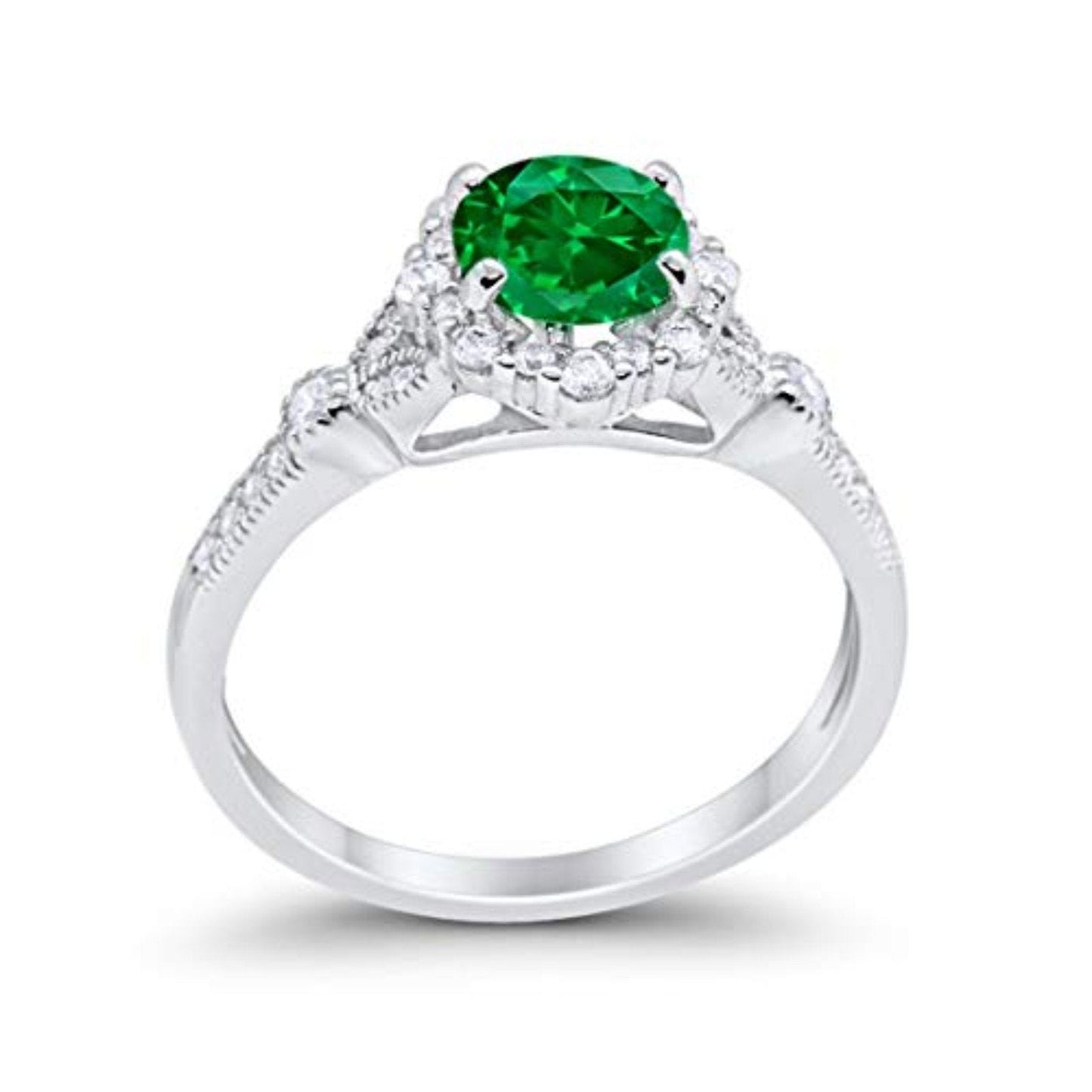 Floral Art Deco Engagement Ring Simulated Green Emerald CZ