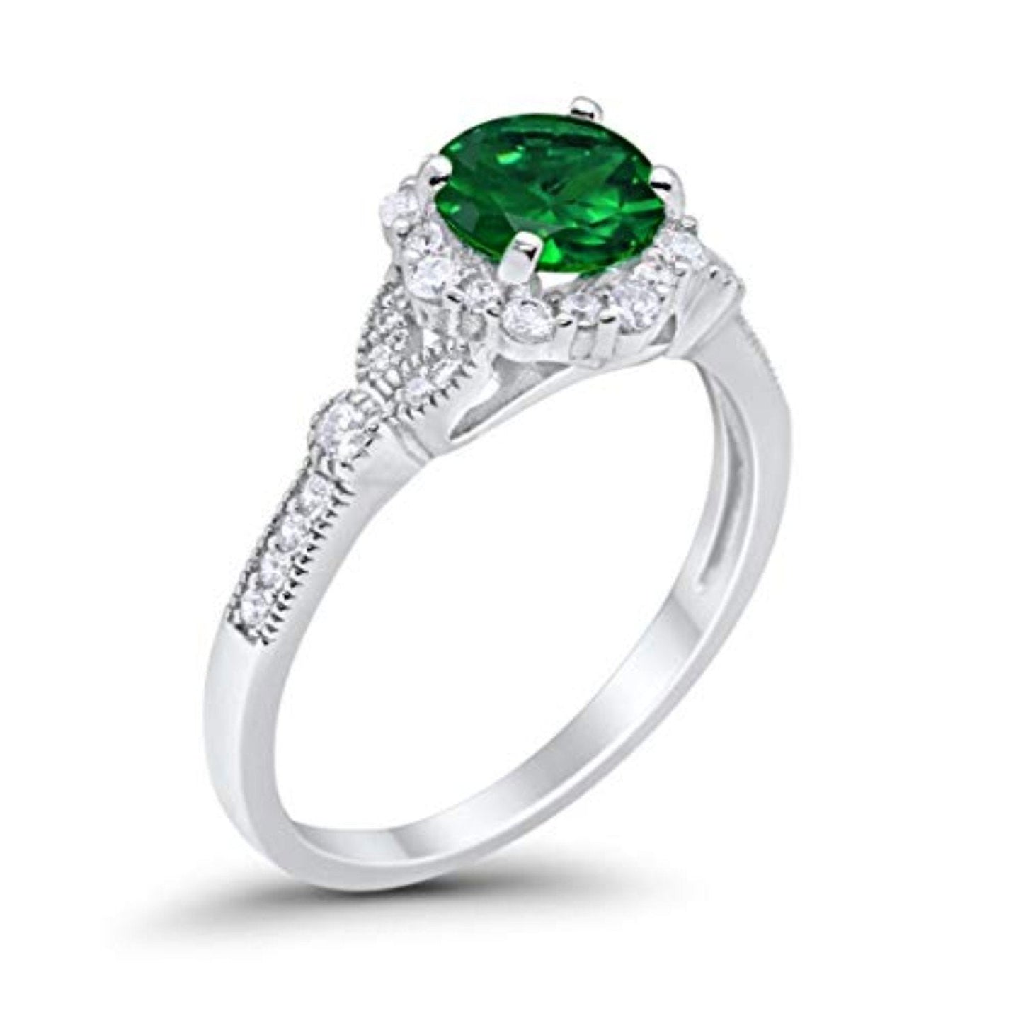 Floral Art Deco Engagement Ring Simulated Green Emerald CZ