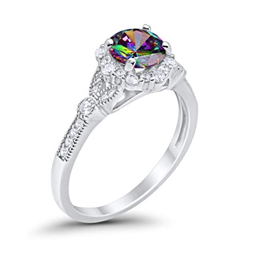 Floral Art Deco Simulated Rainbow CZ Engagement Ring