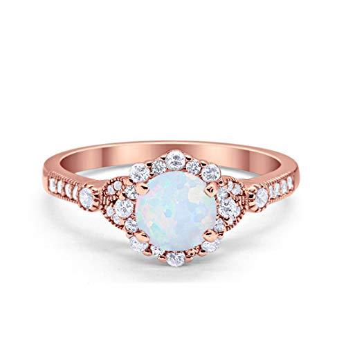 Floral Art Deco Engagement Ring Rose Tone, Lab Created White Opal