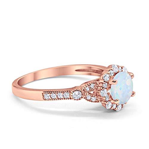 Floral Art Deco Engagement Ring Rose Tone, Lab Created White Opal