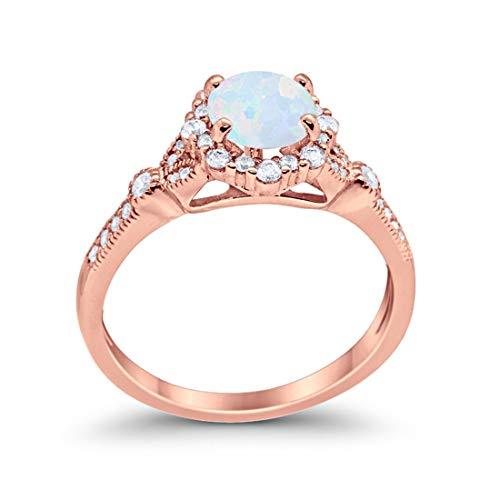 Floral Art Deco Engagement Ring Rose Tone, Lab Created White Opal