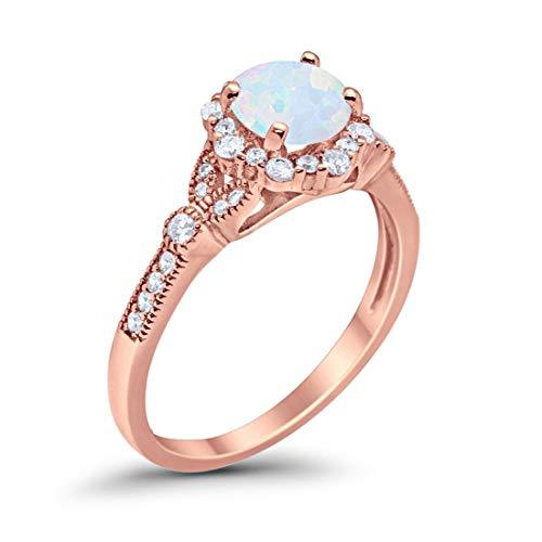 Floral Art Deco Engagement Ring Rose Tone, Lab Created White Opal