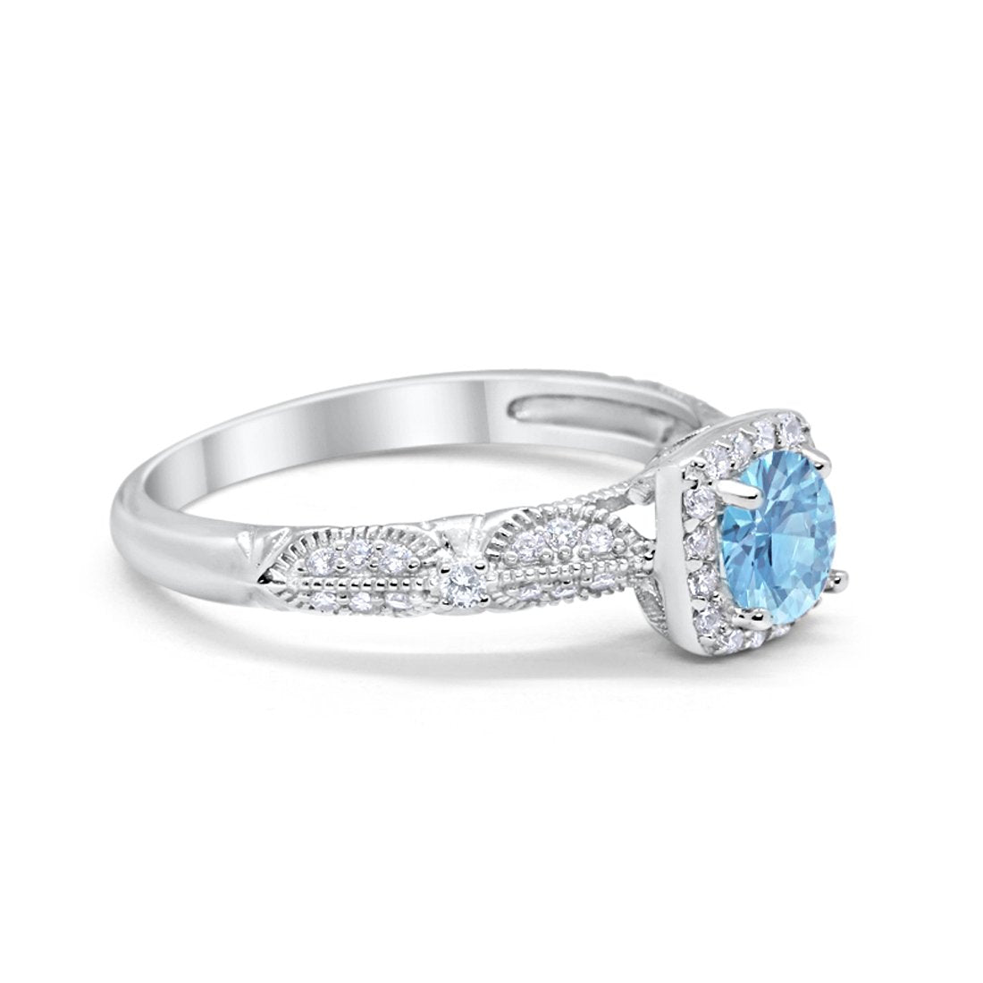 Halo Simulated Aquamarine CZ Engagement Bridal Ring