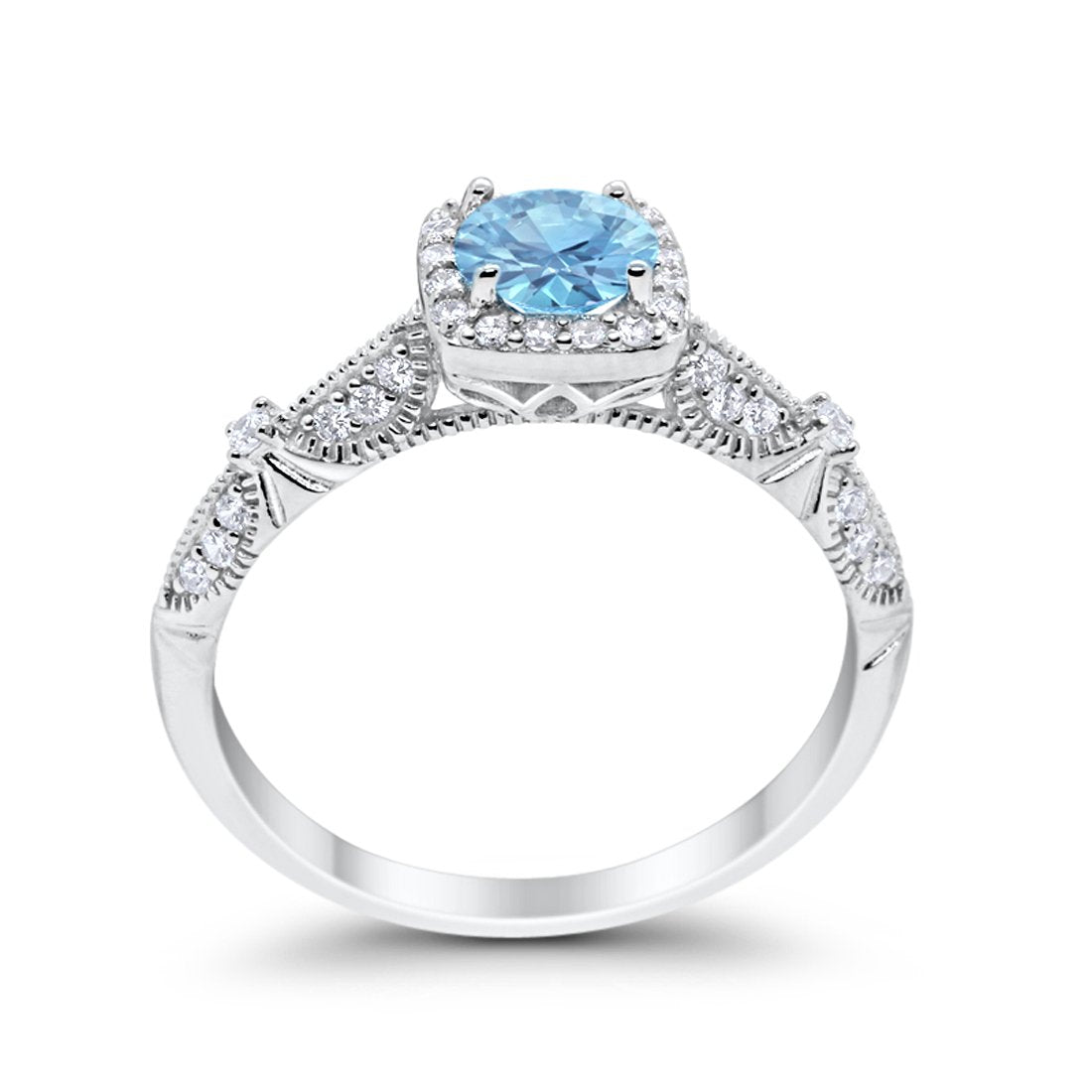 Halo Simulated Aquamarine CZ Engagement Bridal Ring