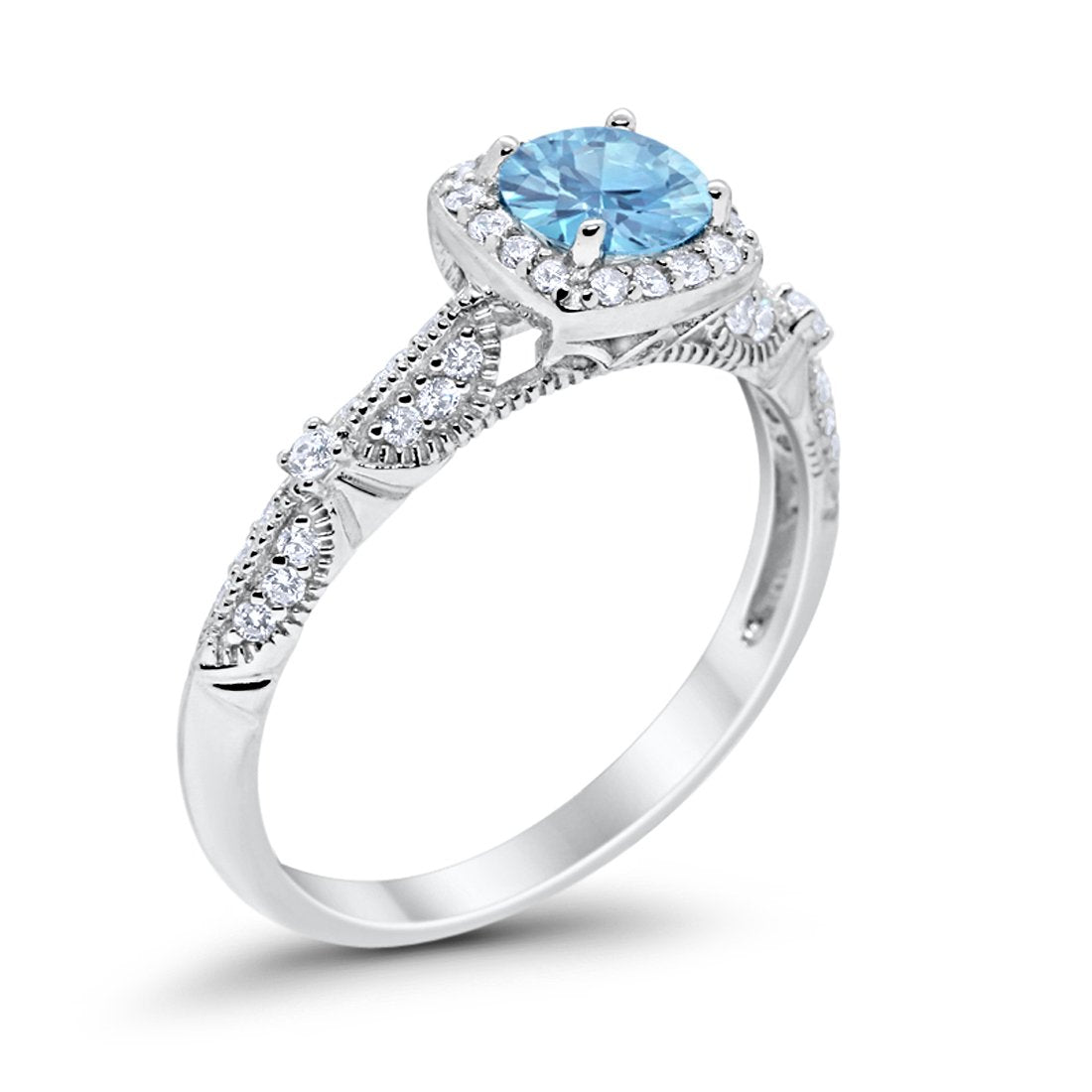 Halo Simulated Aquamarine CZ Engagement Bridal Ring