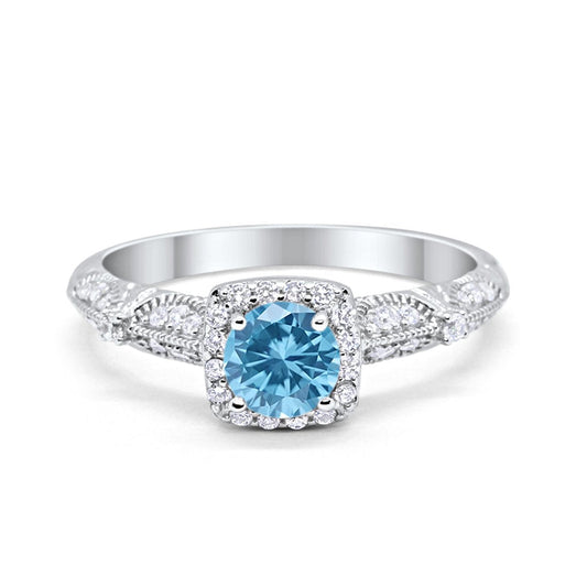 Halo Simulated Aquamarine CZ Engagement Bridal Ring